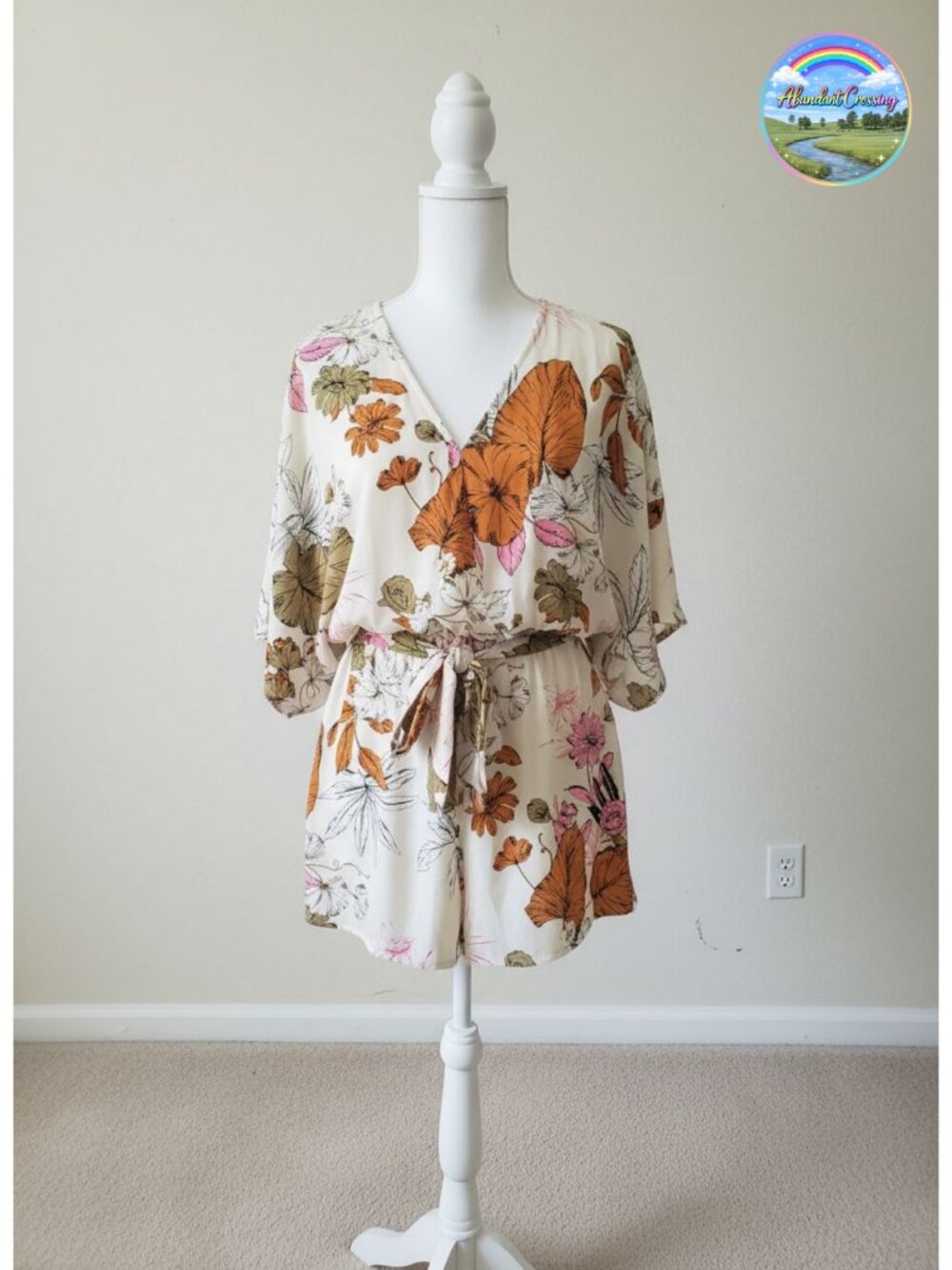 V Neck Floral Half Sleeve Wide Leg Romper with Pockets
